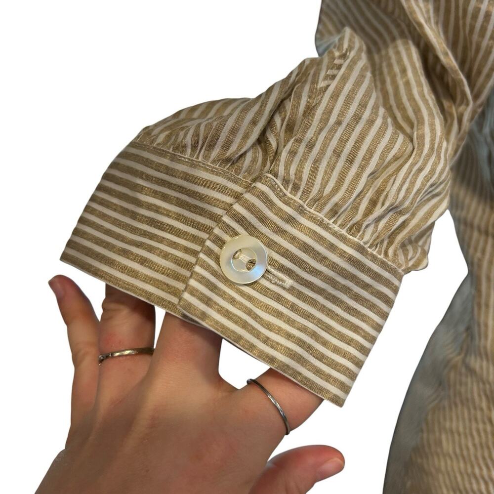 Vintage 90s Metallic Gold Stripe Wrap Blouse Ruffle Collar Bishop Sleeve Size 4 - Picture 7 of 14